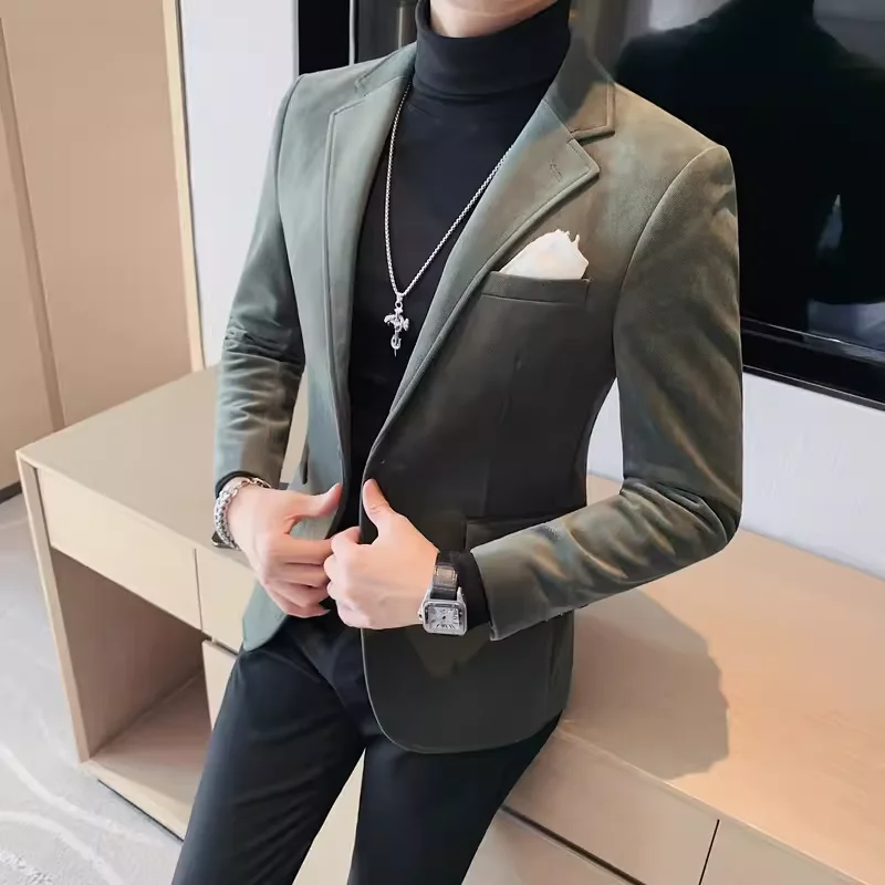 Men's Wool Suit Jacket 2025 High Quality Fashion One Grain Single Breasted Velvety Casual Solid Color Single West Fork