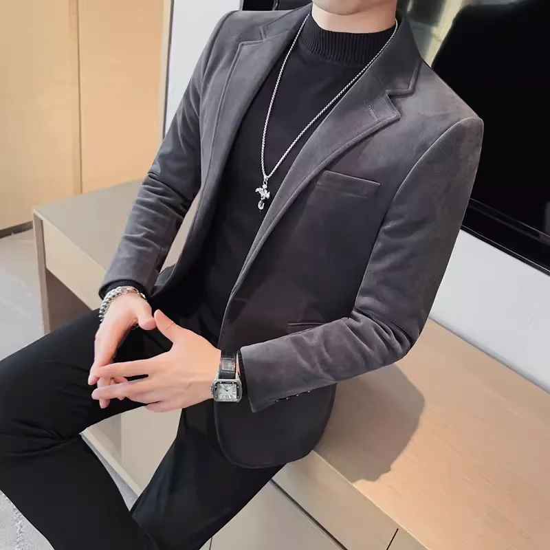 Men's Wool Suit Jacket 2025 High Quality Fashion One Grain Single Breasted Velvety Casual Solid Color Single West Fork