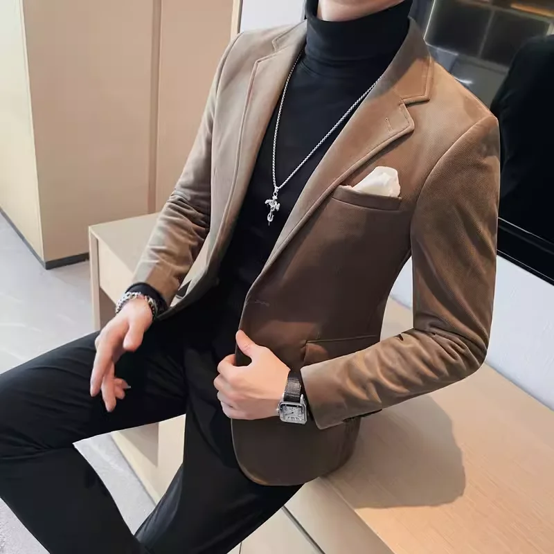 Men's Wool Suit Jacket 2025 High Quality Fashion One Grain Single Breasted Velvety Casual Solid Color Single West Fork