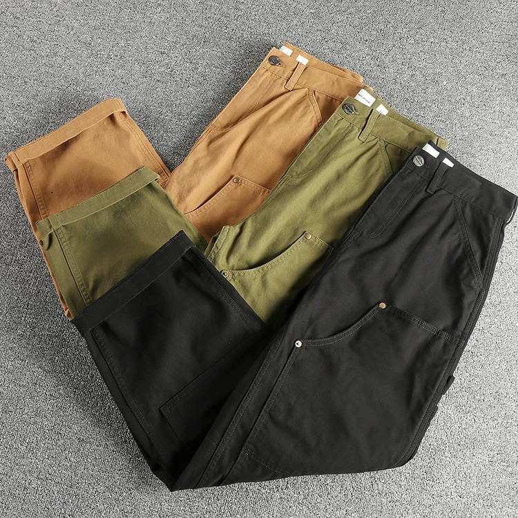 2024 Autumn New American Retro 320G Heavyweight Woven Cargo Pants Men's Fashion 100% Cotton Washed Straight Casual Trousers
