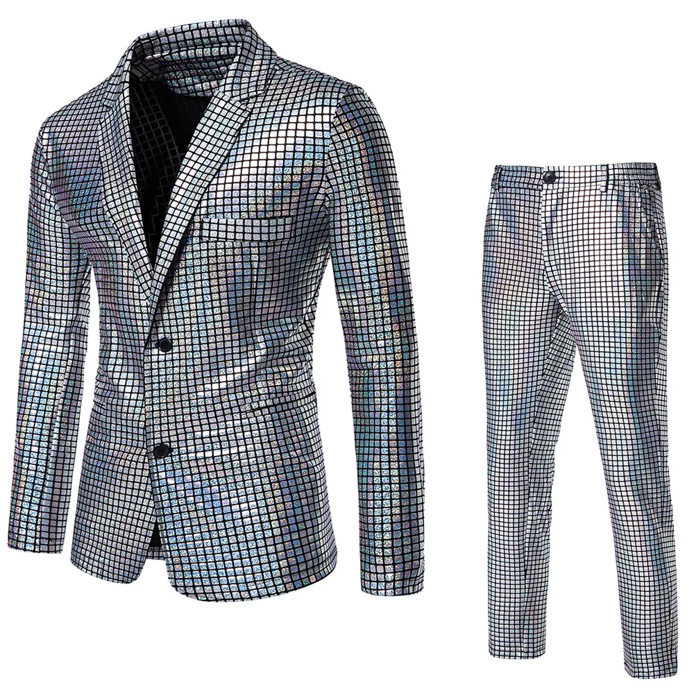 Fashionable New Men's Sequin Hot Stamping Suit Disco Cosplay Party Stage Nightclub Shiny and Cool Performance Suit Set SizeS-3XL