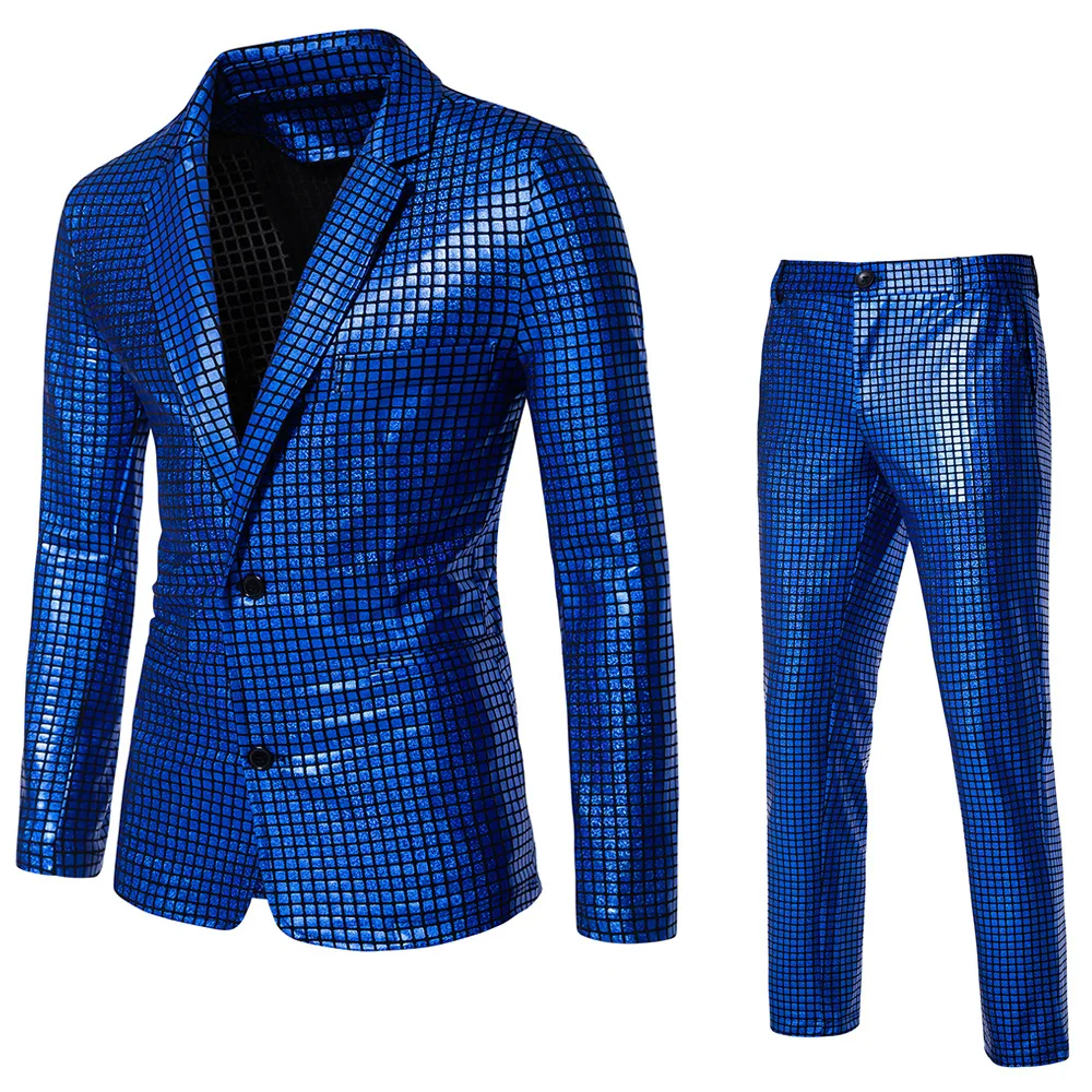 Fashionable New Men's Sequin Hot Stamping Suit Disco Cosplay Party Stage Nightclub Shiny and Cool Performance Suit Set SizeS-3XL