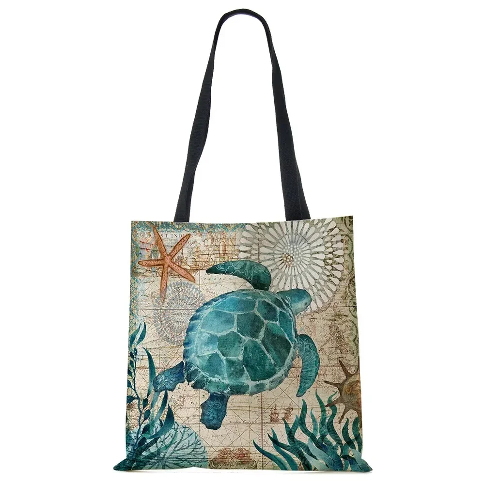 Tote Bag Seahorse Turtle Octopus Print Traveling Shoulder Bags Eco Linen Shopping Bags For Women With Print
