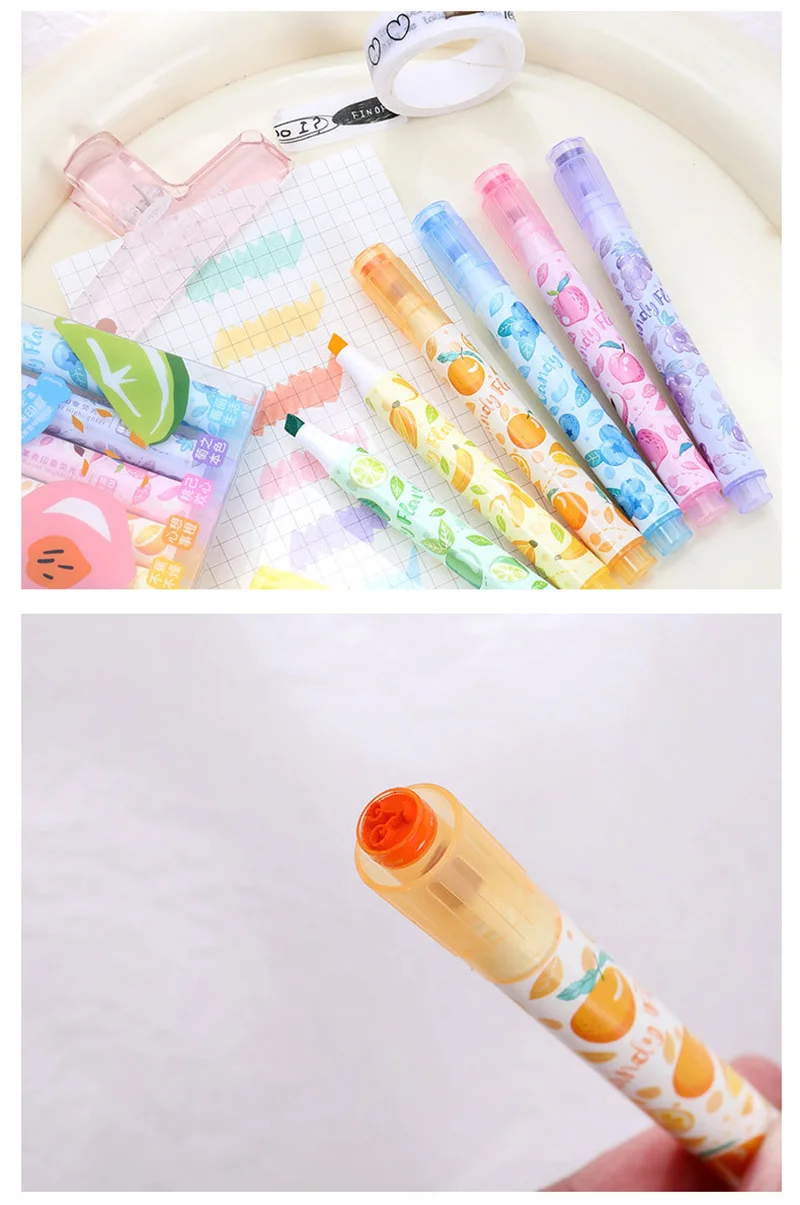 Creative Fruit Scented Highlighter Soft Tip Pens with Stamp for DIY Journaling Student Note-taking for Highlighting and Marking