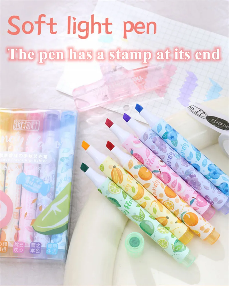Creative Fruit Scented Highlighter Soft Tip Pens with Stamp for DIY Journaling Student Note-taking for Highlighting and Marking