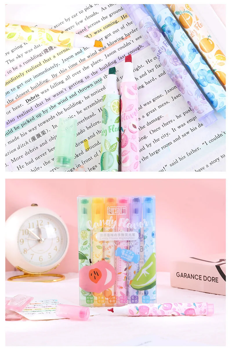 Creative Fruit Scented Highlighter Soft Tip Pens with Stamp for DIY Journaling Student Note-taking for Highlighting and Marking