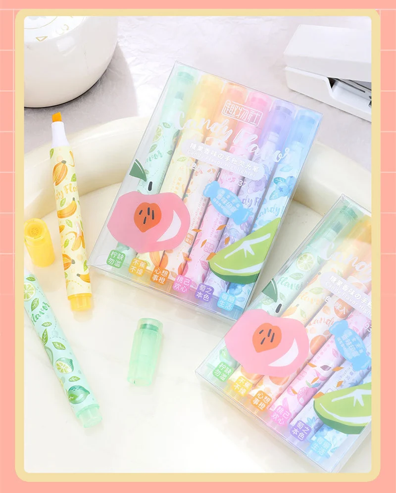 Creative Fruit Scented Highlighter Soft Tip Pens with Stamp for DIY Journaling Student Note-taking for Highlighting and Marking