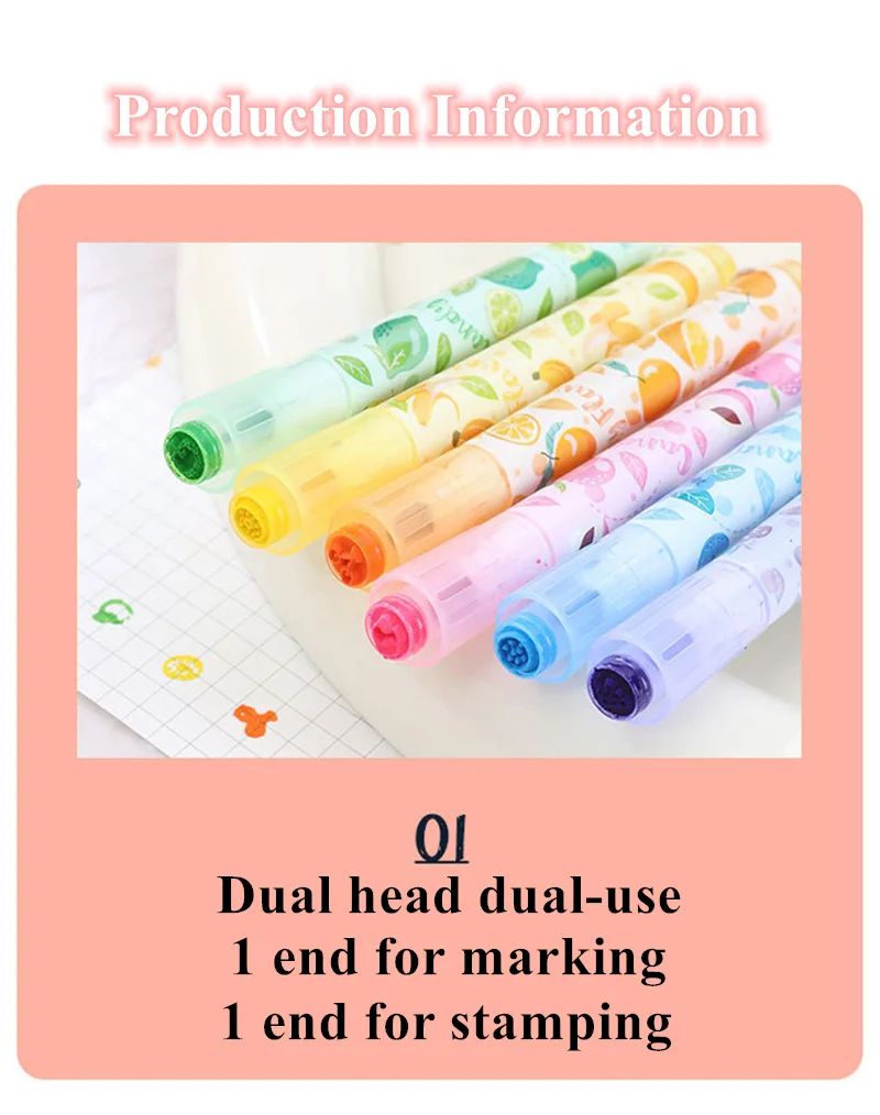 Creative Fruit Scented Highlighter Soft Tip Pens with Stamp for DIY Journaling Student Note-taking for Highlighting and Marking