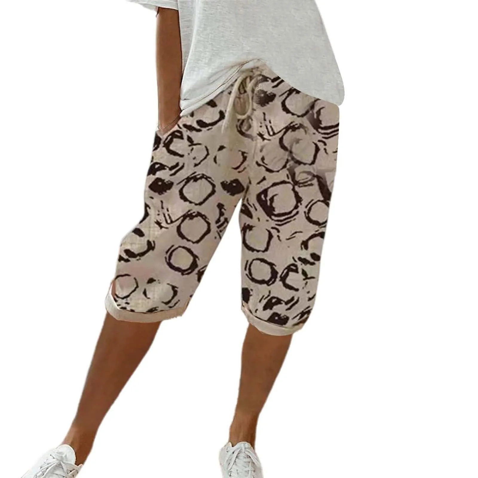 Women Contrast Stripes Shorts Knee-Length Pants For Women With Pockets Elastic Waist Drawstring Breathable Loose-Fitting Bottoms