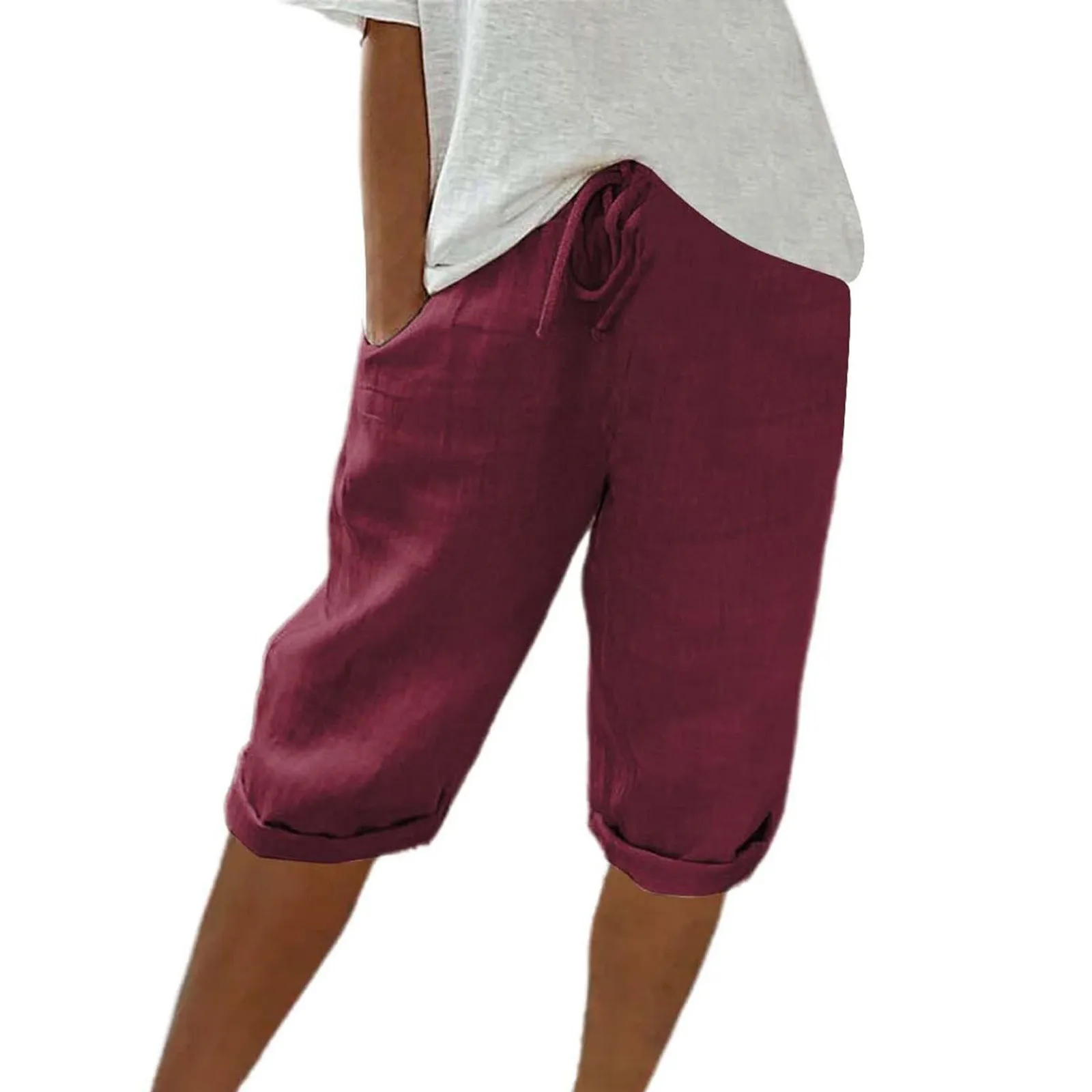 Women Contrast Stripes Shorts Knee-Length Pants For Women With Pockets Elastic Waist Drawstring Breathable Loose-Fitting Bottoms
