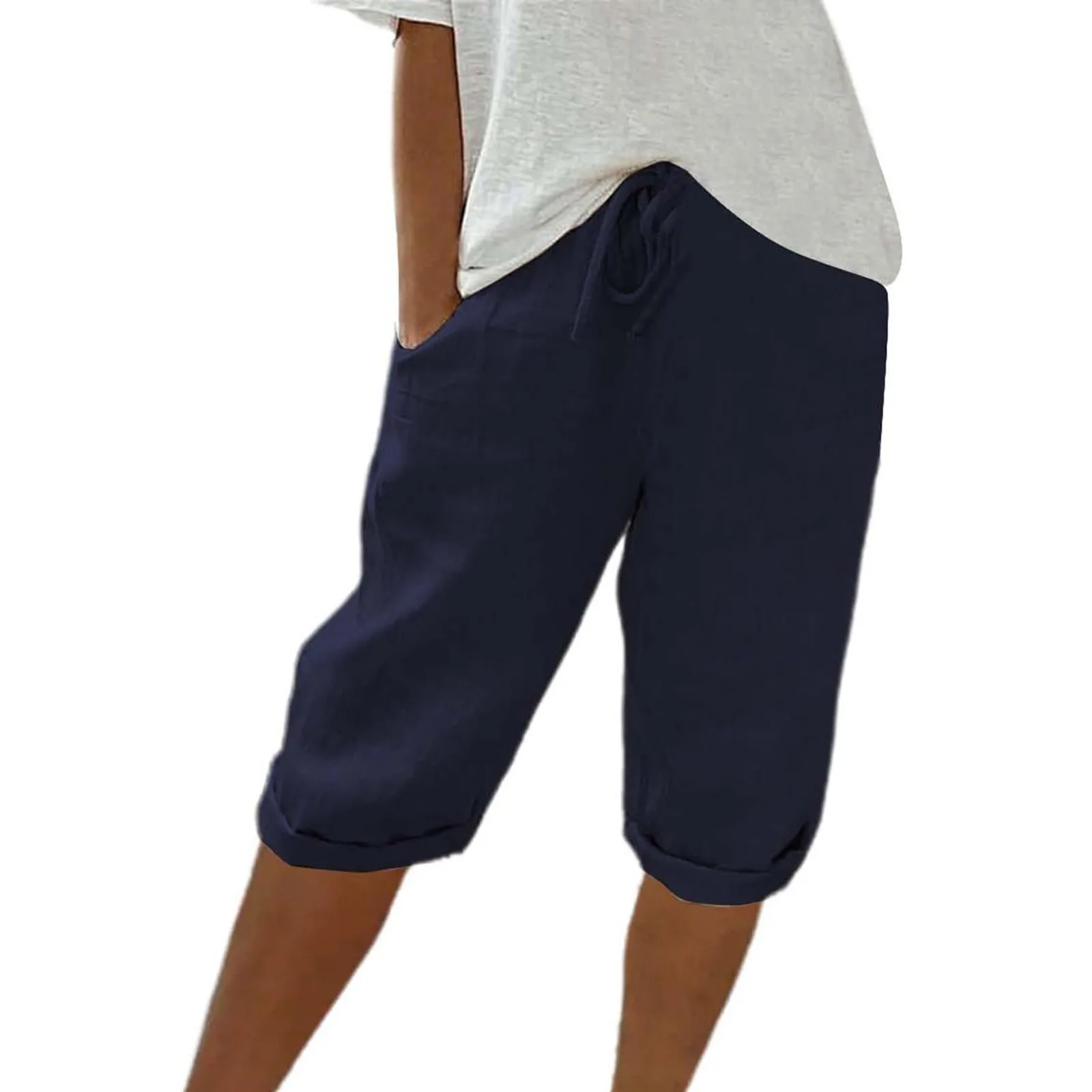 Women Contrast Stripes Shorts Knee-Length Pants For Women With Pockets Elastic Waist Drawstring Breathable Loose-Fitting Bottoms