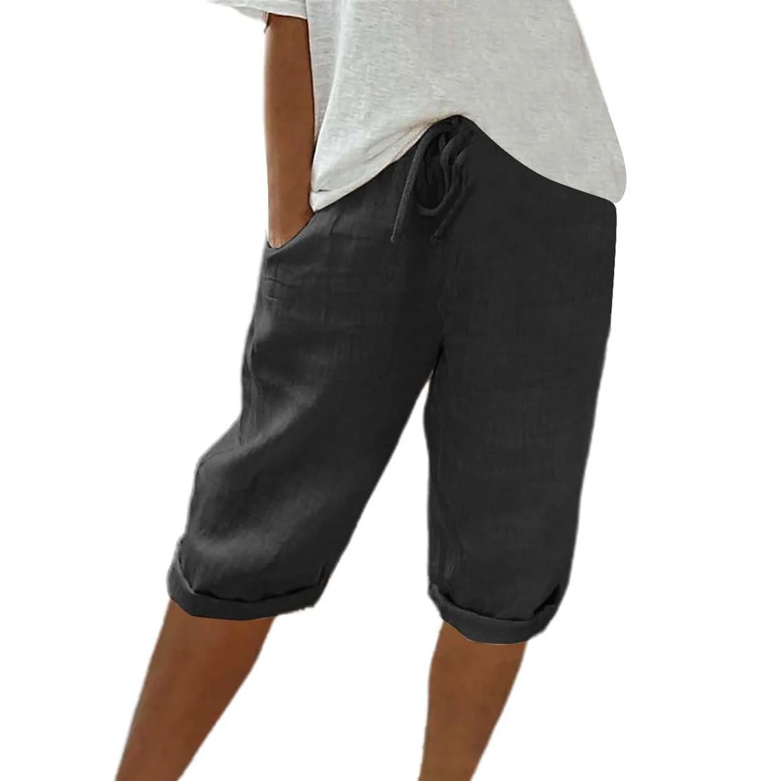 Women Contrast Stripes Shorts Knee-Length Pants For Women With Pockets Elastic Waist Drawstring Breathable Loose-Fitting Bottoms