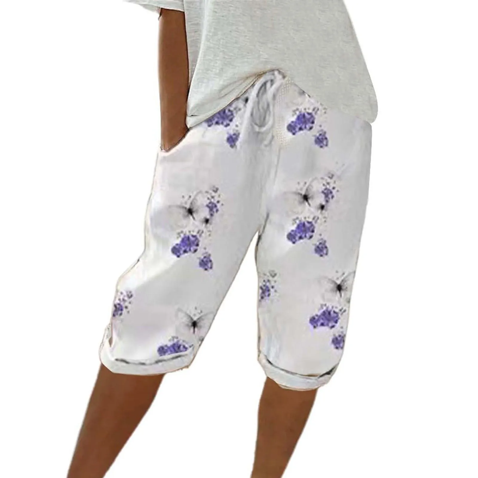 Women Contrast Stripes Shorts Knee-Length Pants For Women With Pockets Elastic Waist Drawstring Breathable Loose-Fitting Bottoms