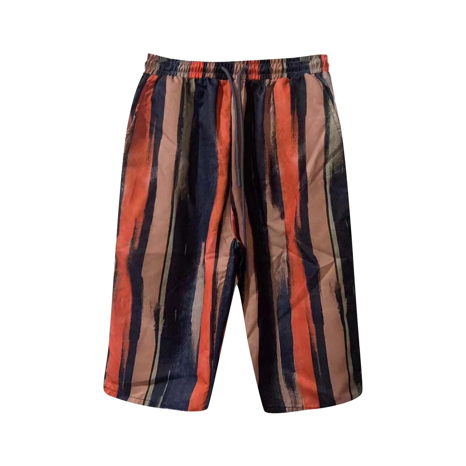 Women Contrast Stripes Shorts Knee-Length Pants For Women With Pockets Elastic Waist Drawstring Breathable Loose-Fitting Bottoms