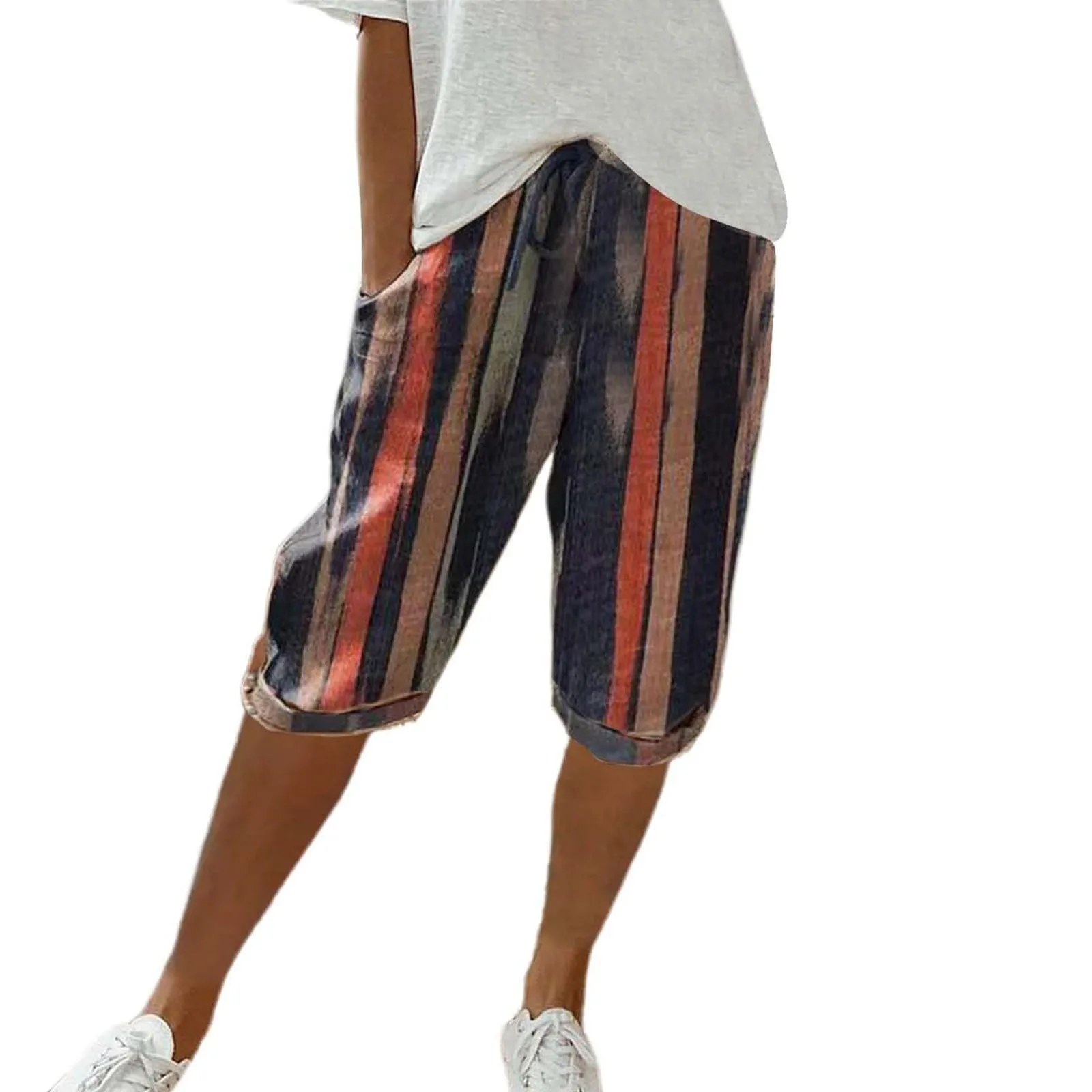 Women Contrast Stripes Shorts Knee-Length Pants For Women With Pockets Elastic Waist Drawstring Breathable Loose-Fitting Bottoms