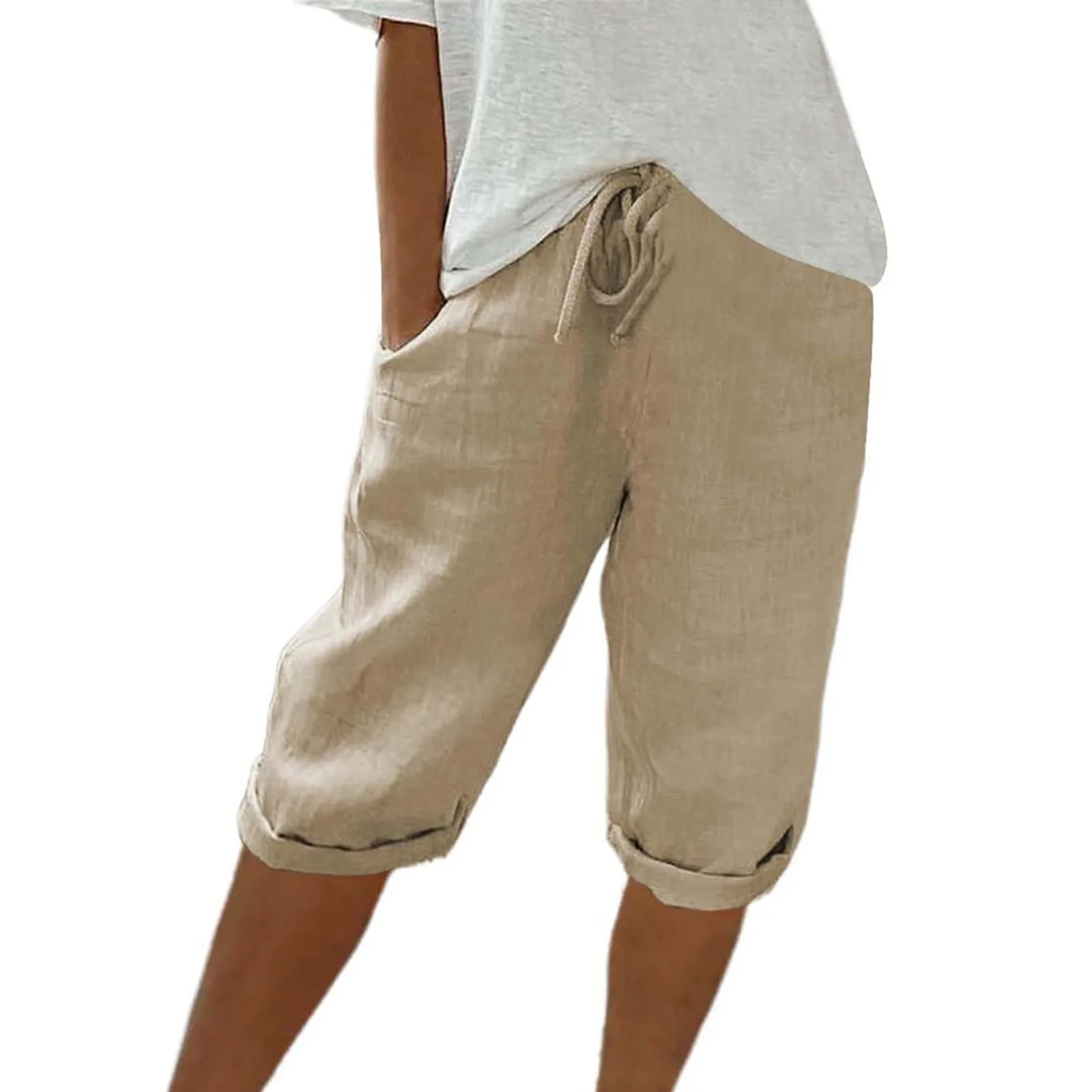 Women Contrast Stripes Shorts Knee-Length Pants For Women With Pockets Elastic Waist Drawstring Breathable Loose-Fitting Bottoms