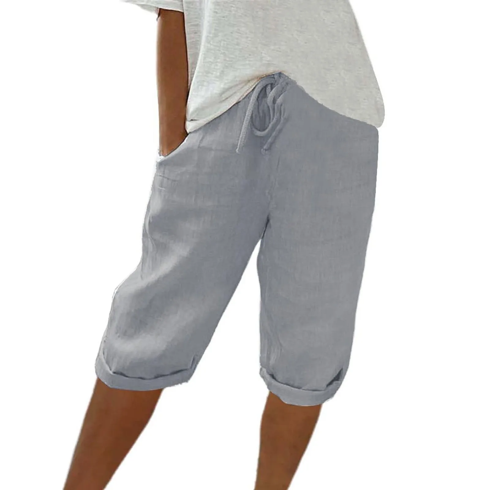 Women Contrast Stripes Shorts Knee-Length Pants For Women With Pockets Elastic Waist Drawstring Breathable Loose-Fitting Bottoms