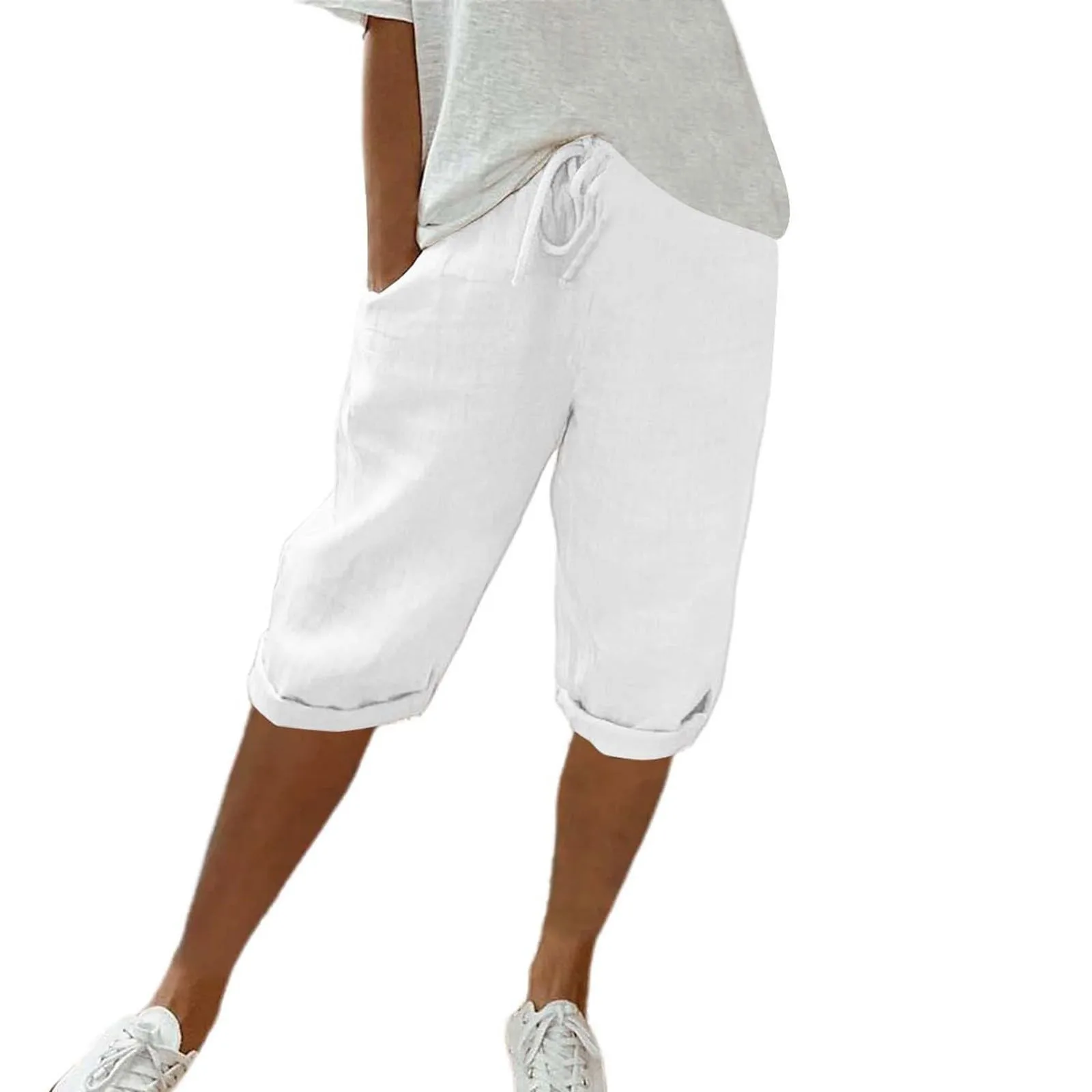 Women Contrast Stripes Shorts Knee-Length Pants For Women With Pockets Elastic Waist Drawstring Breathable Loose-Fitting Bottoms