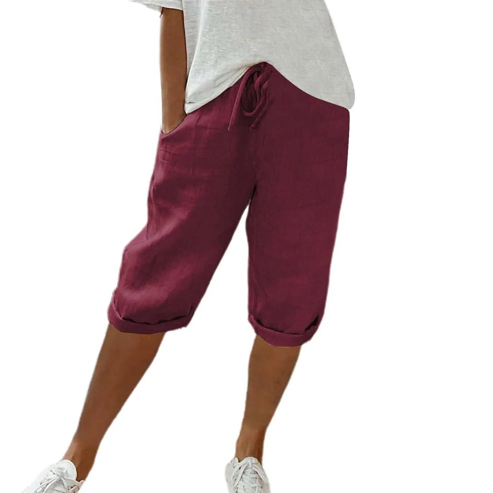 Women Contrast Stripes Shorts Knee-Length Pants For Women With Pockets Elastic Waist Drawstring Breathable Loose-Fitting Bottoms