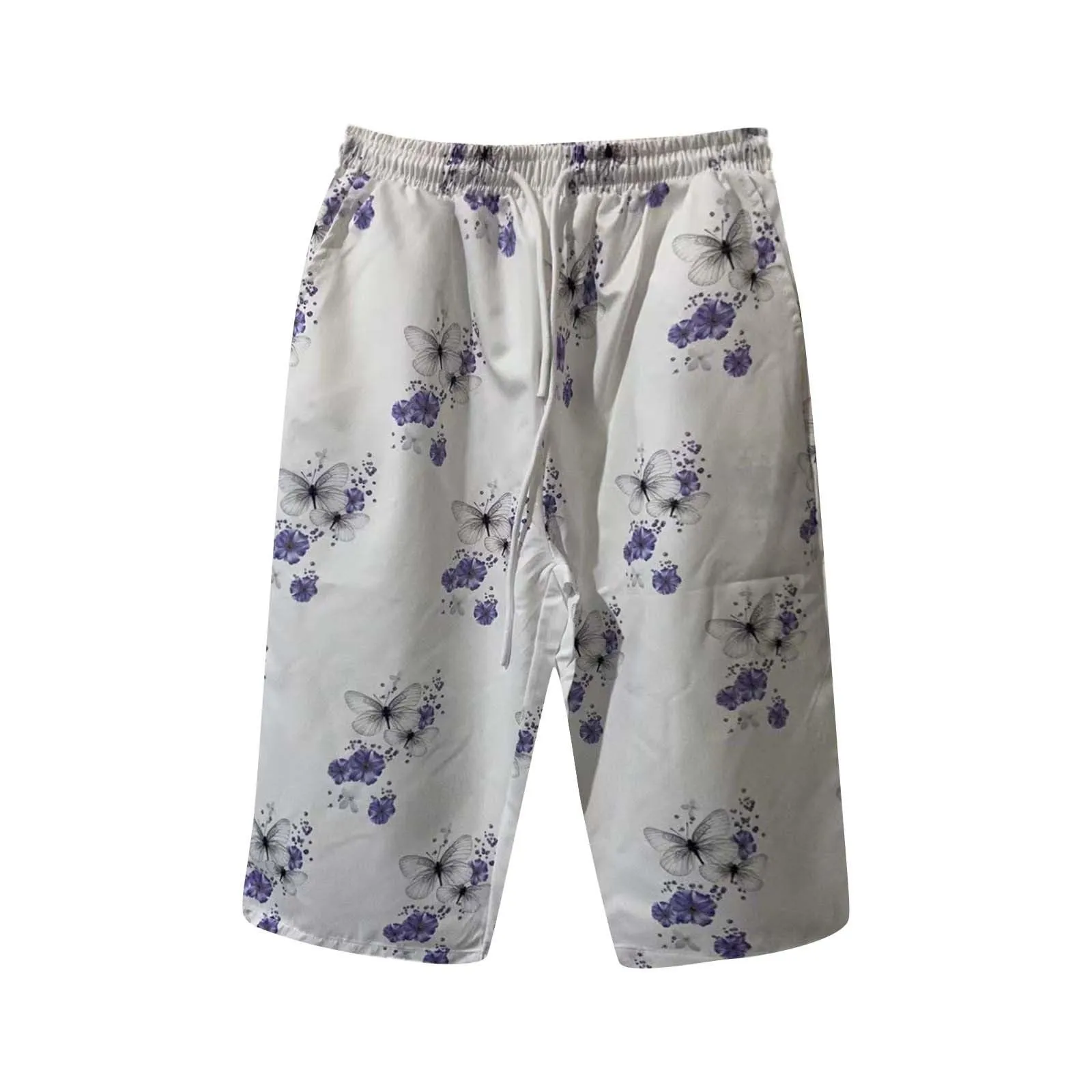 Women Contrast Stripes Shorts Knee-Length Pants For Women With Pockets Elastic Waist Drawstring Breathable Loose-Fitting Bottoms