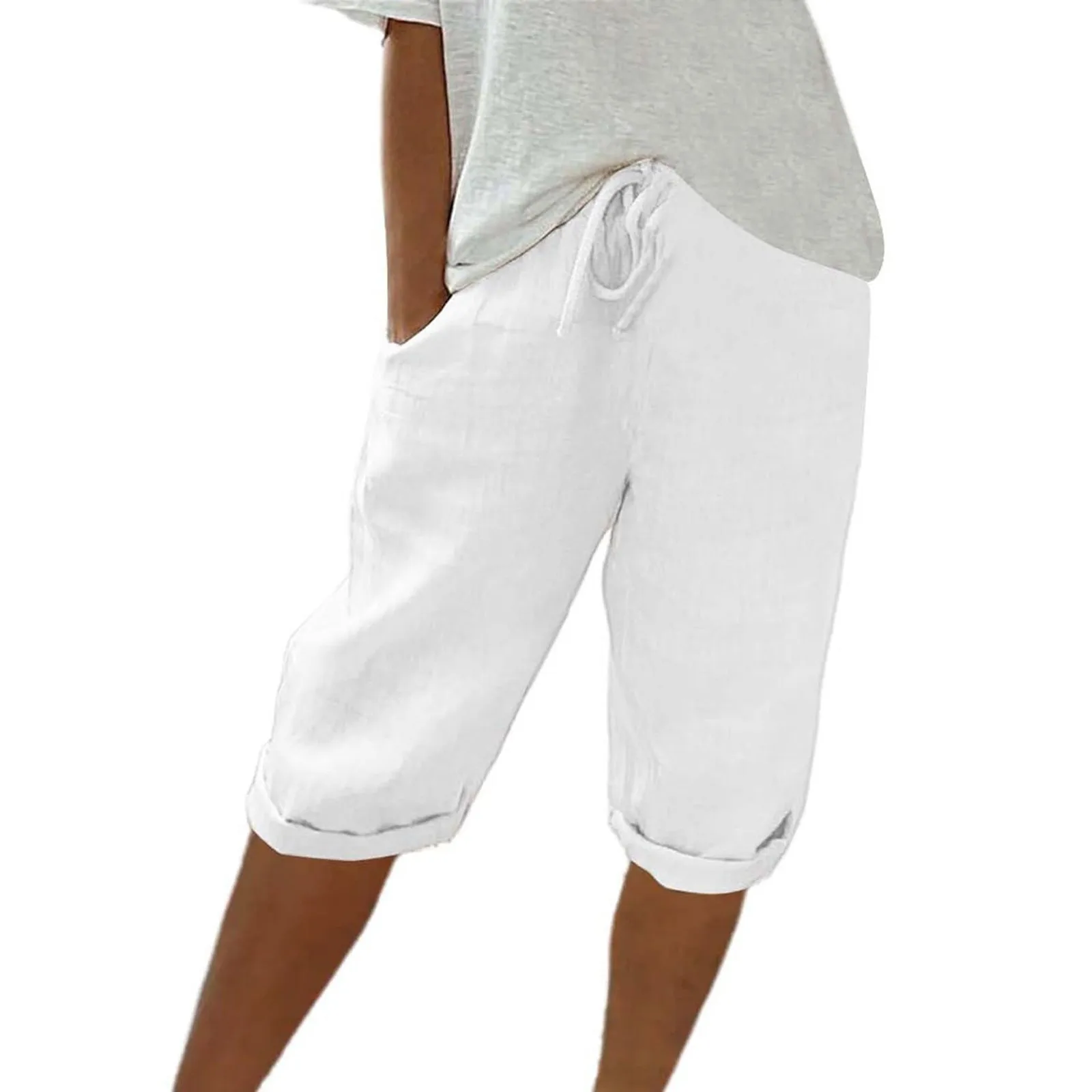 Women Contrast Stripes Shorts Knee-Length Pants For Women With Pockets Elastic Waist Drawstring Breathable Loose-Fitting Bottoms