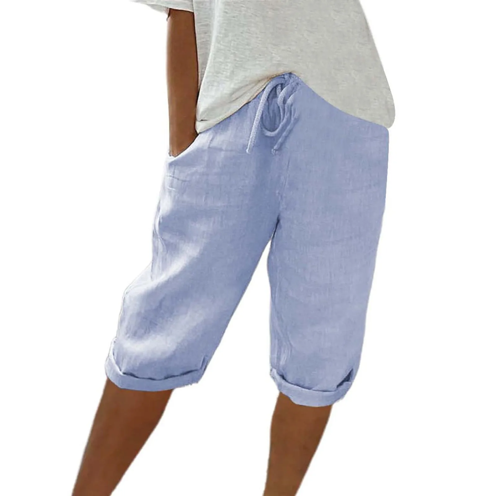 Women Contrast Stripes Shorts Knee-Length Pants For Women With Pockets Elastic Waist Drawstring Breathable Loose-Fitting Bottoms