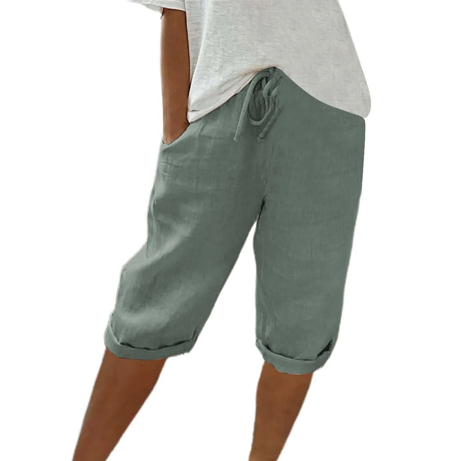 Women Contrast Stripes Shorts Knee-Length Pants For Women With Pockets Elastic Waist Drawstring Breathable Loose-Fitting Bottoms