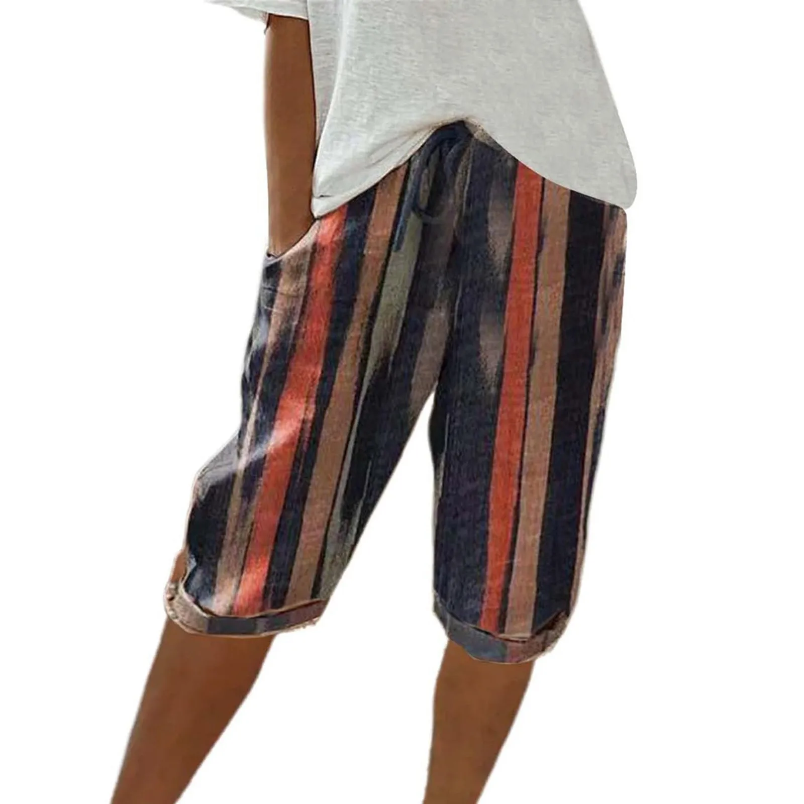 Women Contrast Stripes Shorts Knee-Length Pants For Women With Pockets Elastic Waist Drawstring Breathable Loose-Fitting Bottoms
