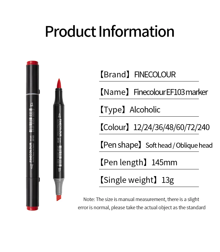 Finecolour EF103 Double-Headed Sketch Markers Pen Alcohol Based Art Markers Oily Soft Artist Manga School Supplies 12Colors
