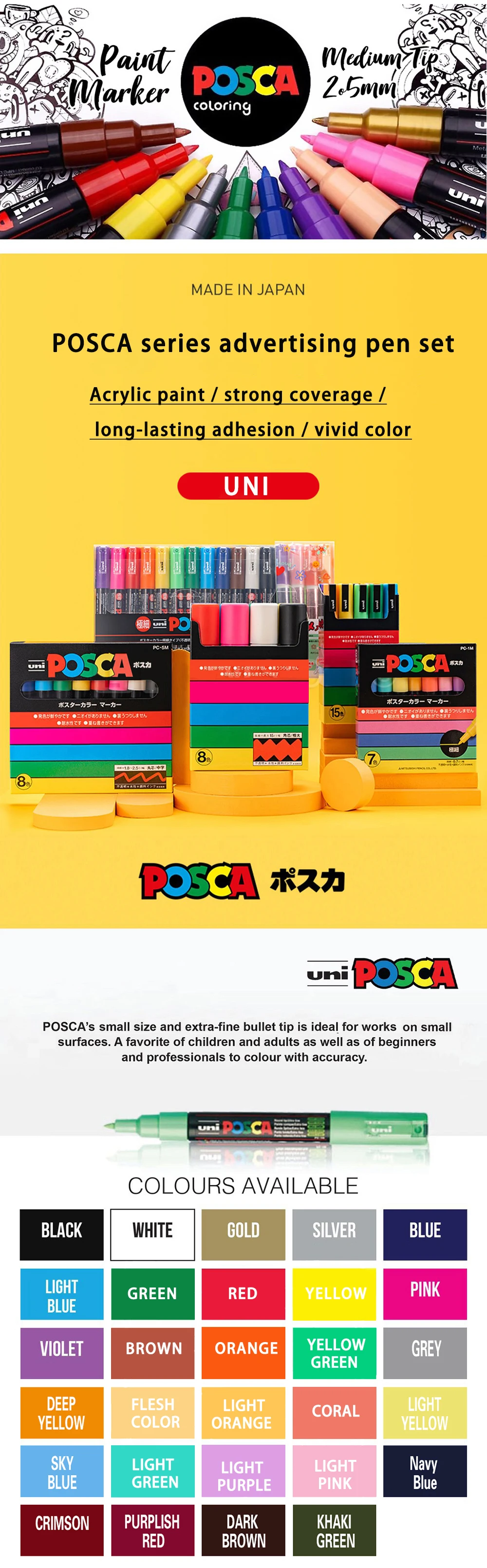 21/24 Colors UNI Posca Marker PC-1M/3M/5M Waterproof Acrylic Marcadores Art Supplies Graffiti Manga Design Painting Stationery