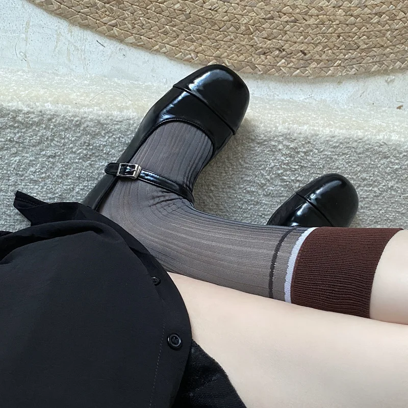 Women Ladies Summer Thin Breathable Glass Silk Thin Transparent Striped Socks Middle Tube Design and Creative Color Blocking Sox
