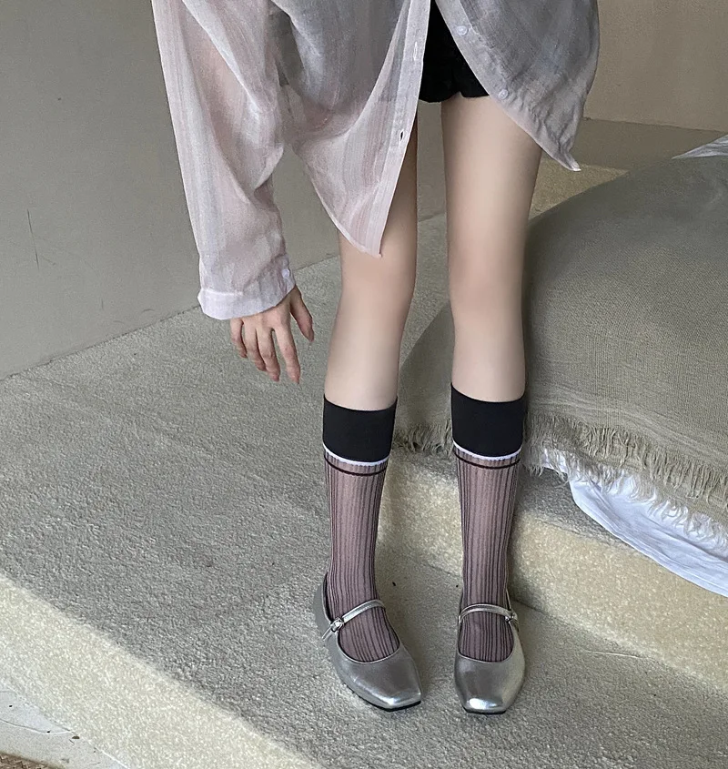 Women Ladies Summer Thin Breathable Glass Silk Thin Transparent Striped Socks Middle Tube Design and Creative Color Blocking Sox