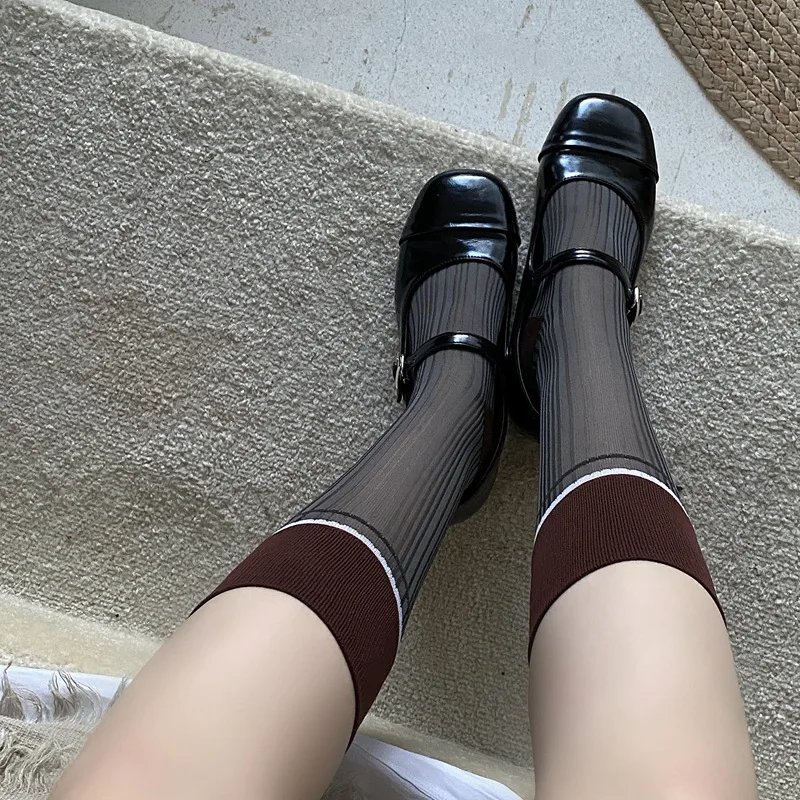Women Ladies Summer Thin Breathable Glass Silk Thin Transparent Striped Socks Middle Tube Design and Creative Color Blocking Sox