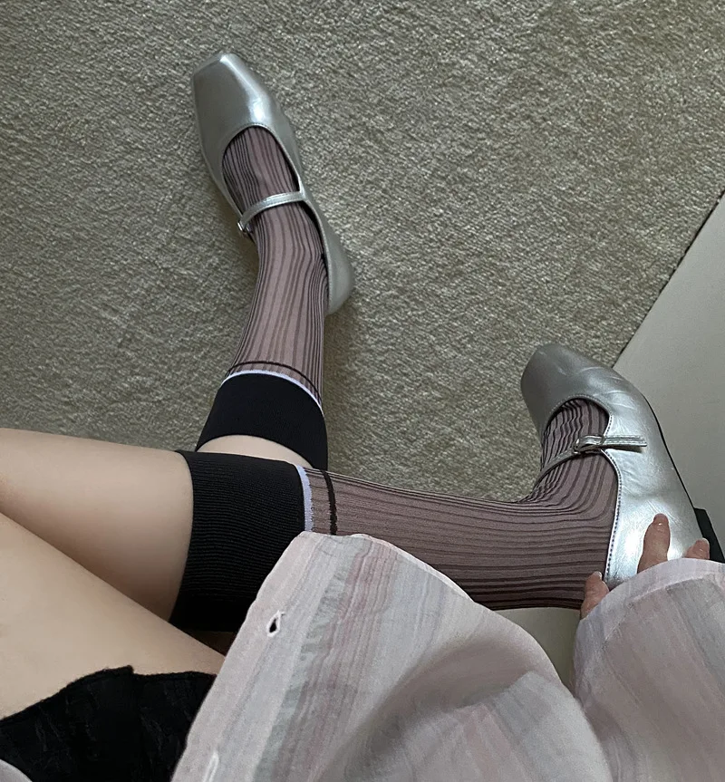 Women Ladies Summer Thin Breathable Glass Silk Thin Transparent Striped Socks Middle Tube Design and Creative Color Blocking Sox