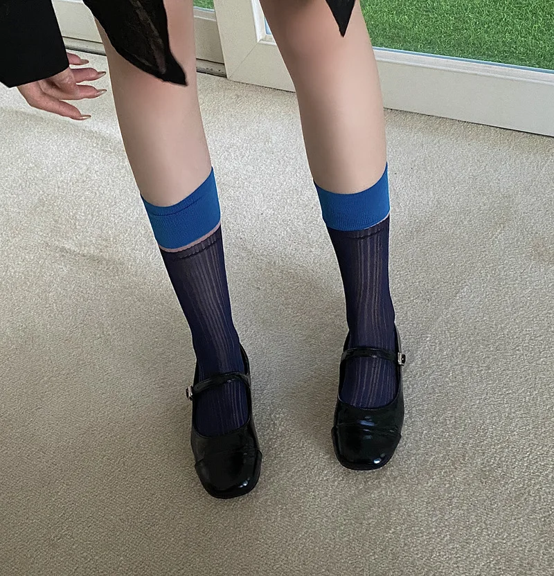 Women Ladies Summer Thin Breathable Glass Silk Thin Transparent Striped Socks Middle Tube Design and Creative Color Blocking Sox