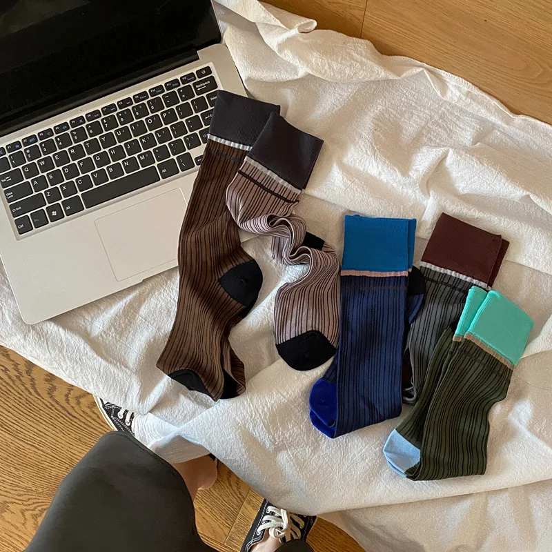 Women Ladies Summer Thin Breathable Glass Silk Thin Transparent Striped Socks Middle Tube Design and Creative Color Blocking Sox