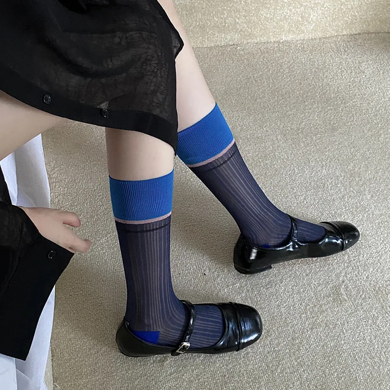 Women Ladies Summer Thin Breathable Glass Silk Thin Transparent Striped Socks Middle Tube Design and Creative Color Blocking Sox