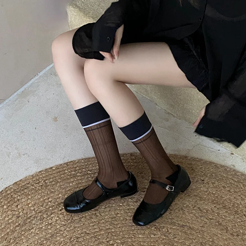 Women Ladies Summer Thin Breathable Glass Silk Thin Transparent Striped Socks Middle Tube Design and Creative Color Blocking Sox