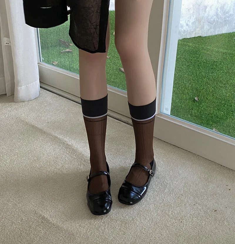 Women Ladies Summer Thin Breathable Glass Silk Thin Transparent Striped Socks Middle Tube Design and Creative Color Blocking Sox