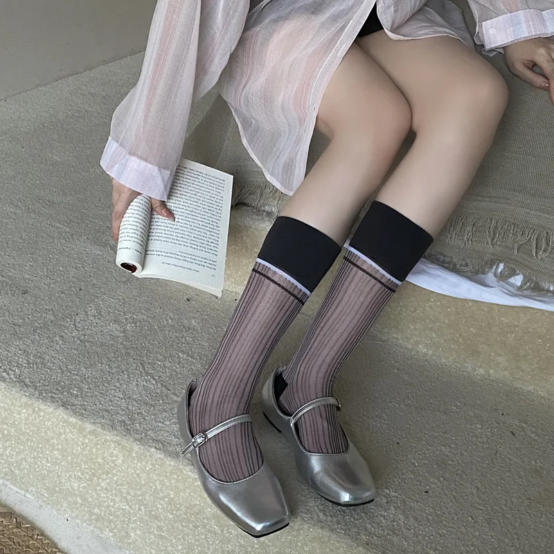 Women Ladies Summer Thin Breathable Glass Silk Thin Transparent Striped Socks Middle Tube Design and Creative Color Blocking Sox