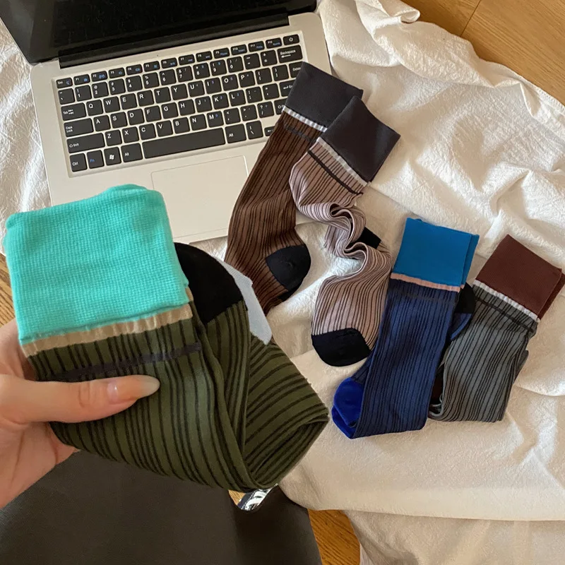 Women Ladies Summer Thin Breathable Glass Silk Thin Transparent Striped Socks Middle Tube Design and Creative Color Blocking Sox