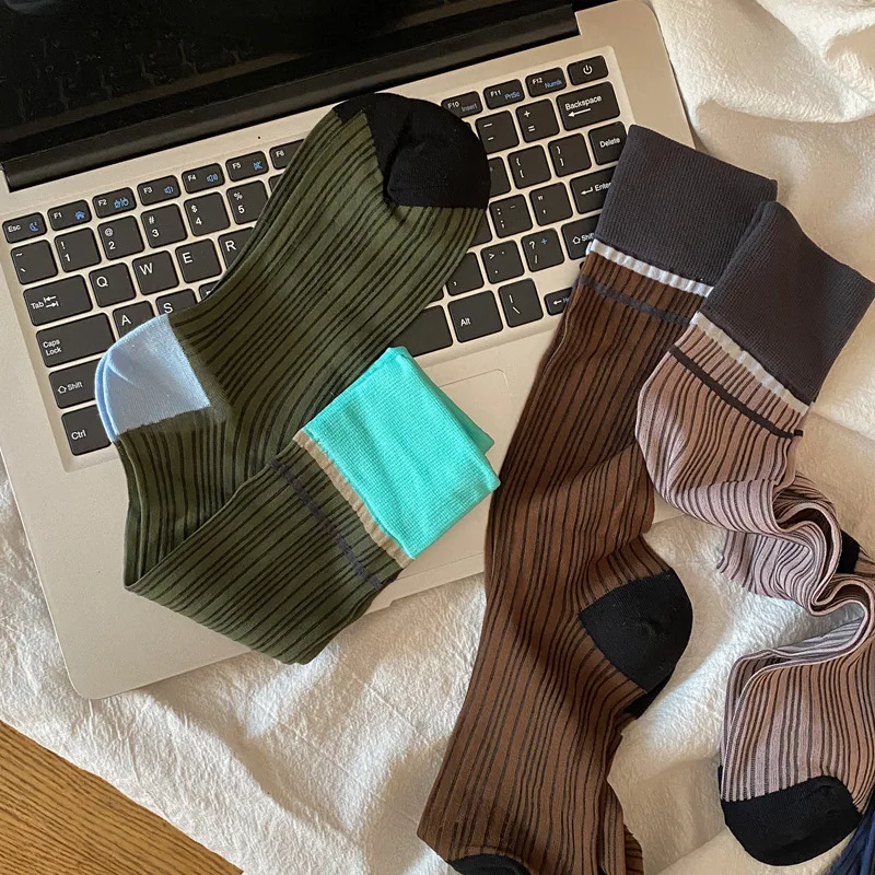 Women Ladies Summer Thin Breathable Glass Silk Thin Transparent Striped Socks Middle Tube Design and Creative Color Blocking Sox