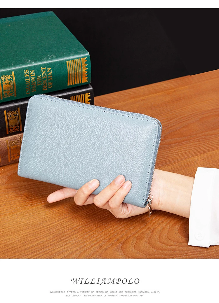 RFID Anti-Theft Cowhide Leather Wallet, Brush Head Layer, Long Passbook, Large Capacity Clutch Bag