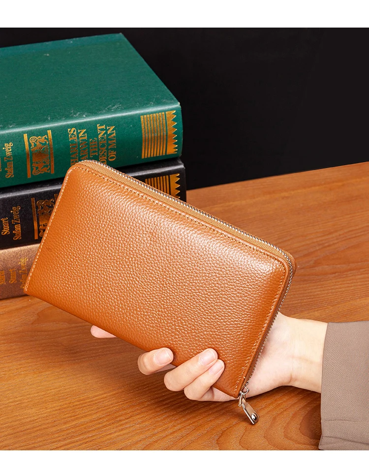 RFID Anti-Theft Cowhide Leather Wallet, Brush Head Layer, Long Passbook, Large Capacity Clutch Bag