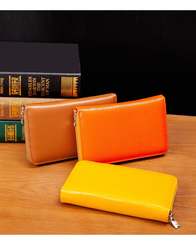 RFID Anti-Theft Cowhide Leather Wallet, Brush Head Layer, Long Passbook, Large Capacity Clutch Bag