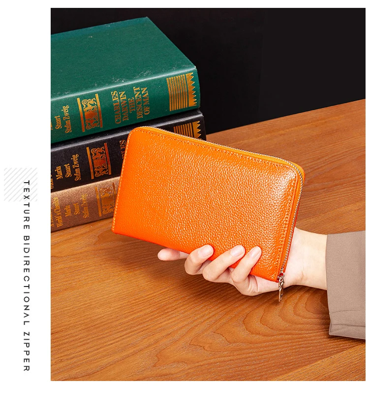 RFID Anti-Theft Cowhide Leather Wallet, Brush Head Layer, Long Passbook, Large Capacity Clutch Bag