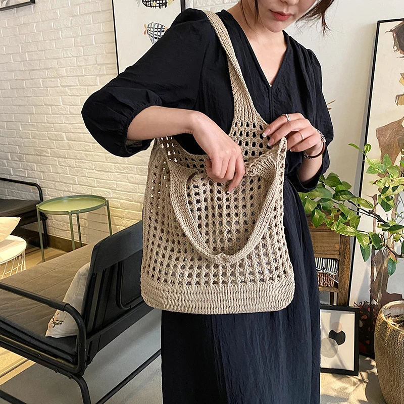 Vintage Hollow Design Woven Women Shoulder Bag Knitting Large Capacity Handbags Summer Travel Shopper Tote For Ladies Beach Bags