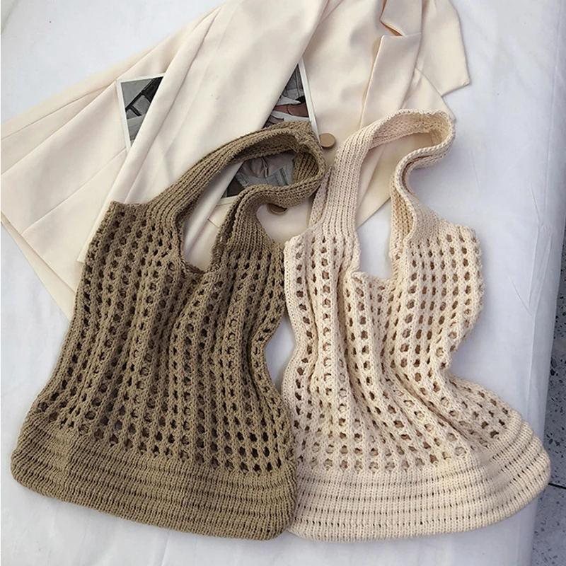 Vintage Hollow Design Woven Women Shoulder Bag Knitting Large Capacity Handbags Summer Travel Shopper Tote For Ladies Beach Bags