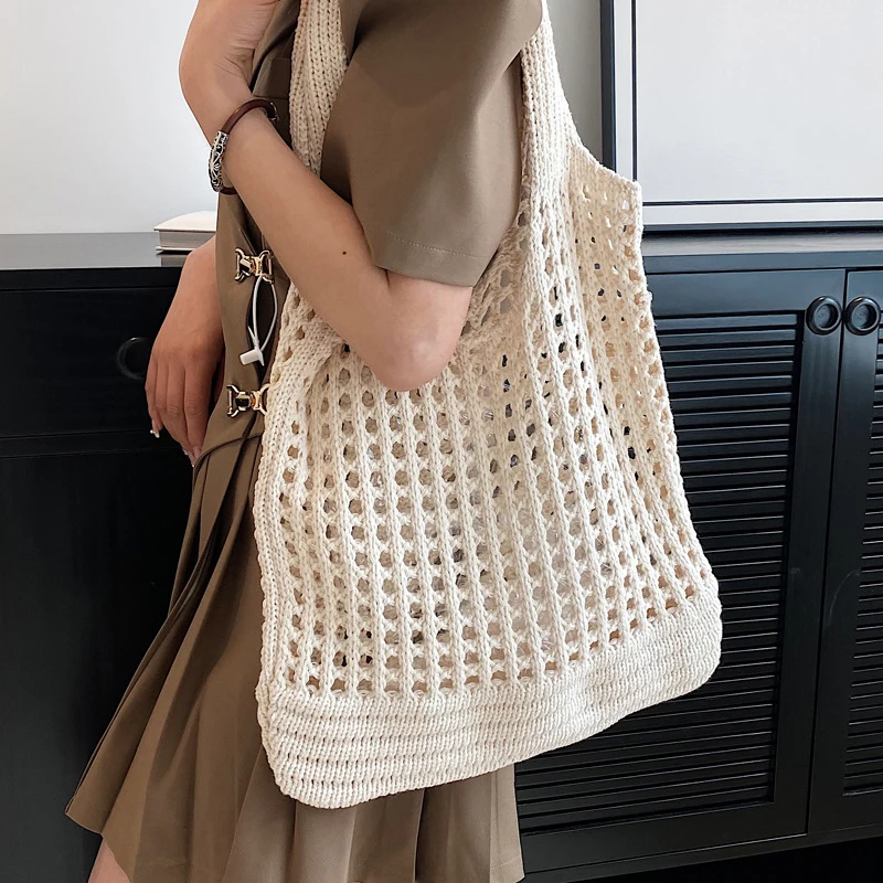 Vintage Hollow Design Woven Women Shoulder Bag Knitting Large Capacity Handbags Summer Travel Shopper Tote For Ladies Beach Bags