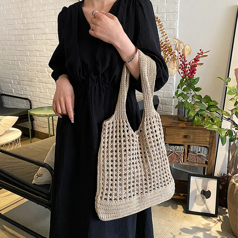 Vintage Hollow Design Woven Women Shoulder Bag Knitting Large Capacity Handbags Summer Travel Shopper Tote For Ladies Beach Bags